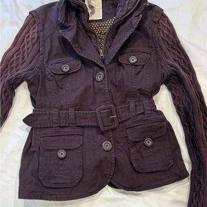 Women's dark brown utility Jacket with Cable Knit Sleeves